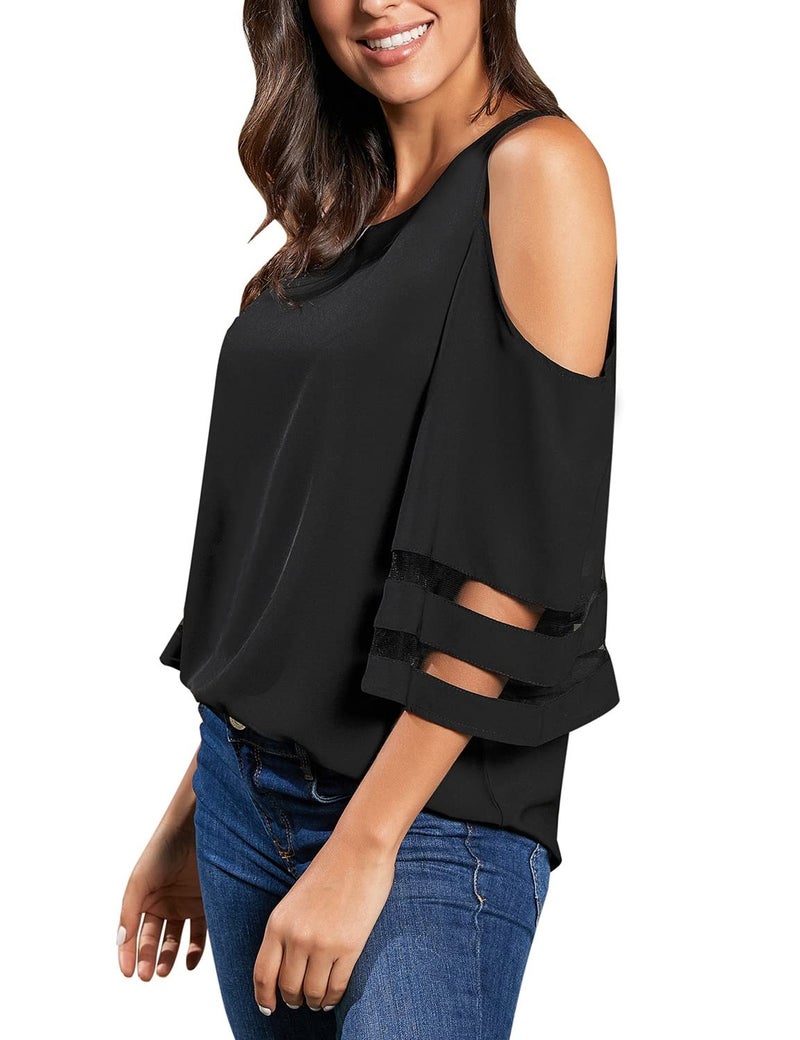 LookbookStore Summer Tops for Women 2026 Womens Cold Shoulder Tops Sexy Casual Black Crewneck 3/4 Sleeve Blouse Womens Tops and Blouse Dressy Casual Loose Tops Shirt Size M Size 8 10 - Image 4